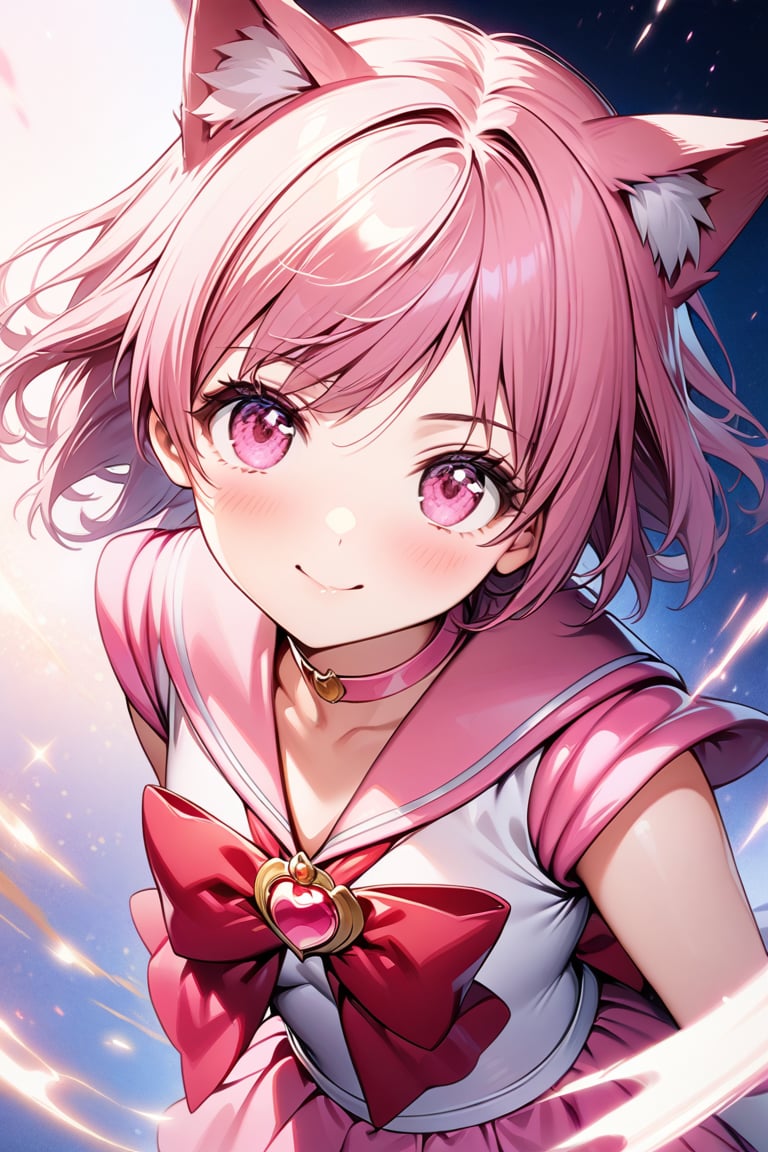 master piece, best quality, highly detailed, ultra master piece, best quality, highly detailed, ultra detailed, extremely CG unity 8k wallpaper,
1 girl,14 years old, cat ears, pink eyes, pink hair, short hair,smile,
pink sailor senshi uniform,