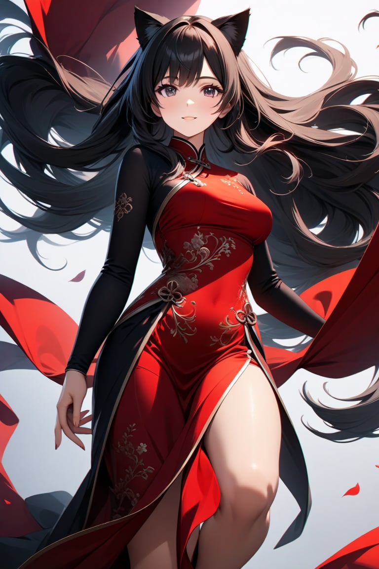 Ultra-detailed rendering of a stunning 22-year-old woman posing confidently in a vibrant red Chinese dress, her long black hair cascading down her back. Her bright smile showcases her cat ears, adding a whimsical touch to the overall composition. The pelvic curtain's intricate design and delicate folds are expertly rendered, drawing attention to the subject's striking figure. Shot from a slight angle, emphasizing the subject's curves and the dress's dramatic train, against a neutral background allowing the colors to pop. Extremely detailed CG artwork in Unity 8K resolution, perfect for a high-quality wallpaper.