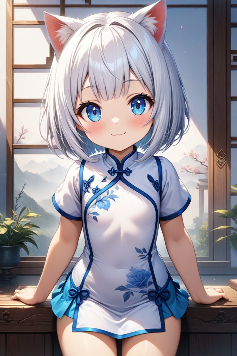 master piece, best quality, highly detailed, ultra detailed, more detail XL, extremely detailed CG unity 8k wallpaper, 
1 girl, 9 years old, cat ears, white hair, bob cut, blue eyes, smile, 
white Chinese dresses, micro skirt, looking at viewer ,