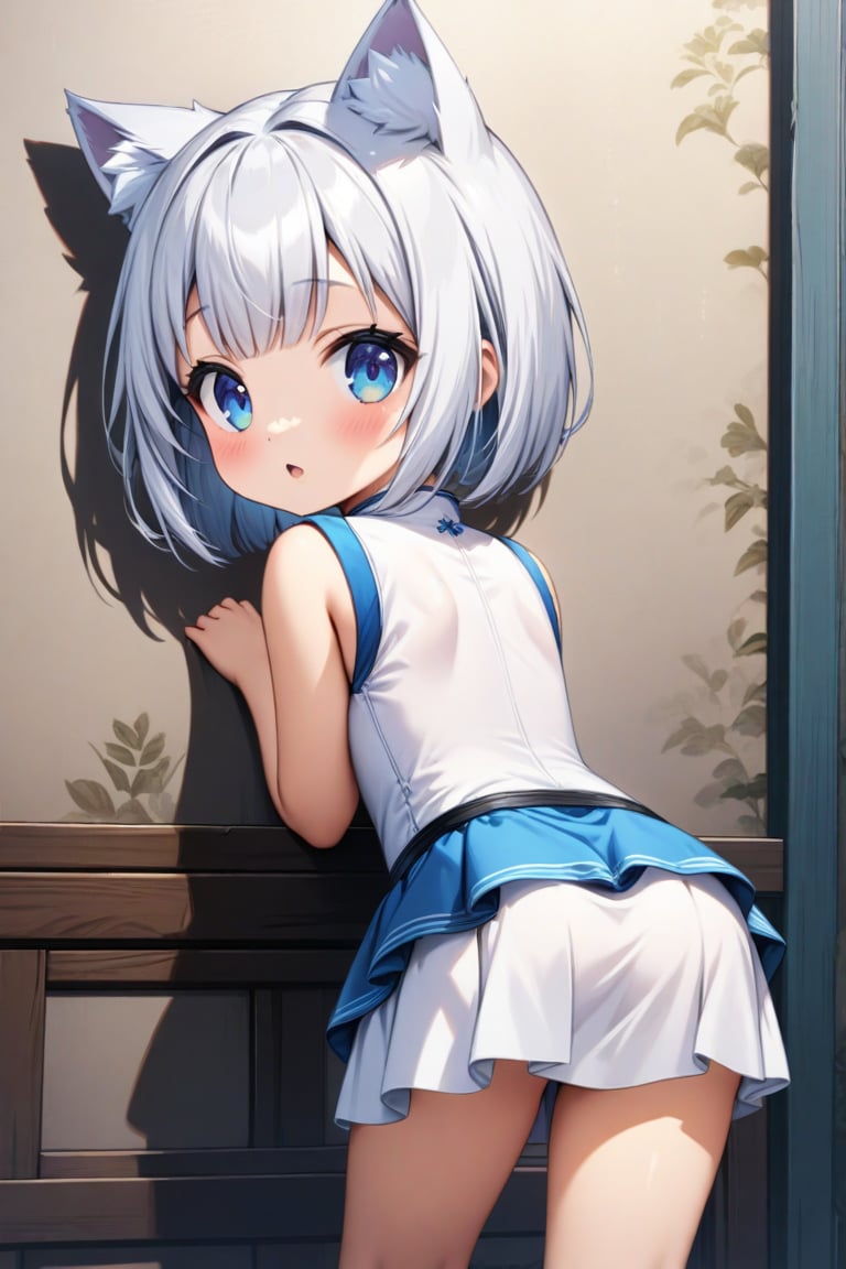 master piece, best quality, highly detailed, ultra detailed, more detail XL, extremely detailed CG unity 8k wallpaper, 
1 girl, cute, kawaii, 9 years old, cat ears, white hair, bob cut, blue eyes, 
white Chinese dress, micro skirt, looking at viewer ,from behind, leaning forward,