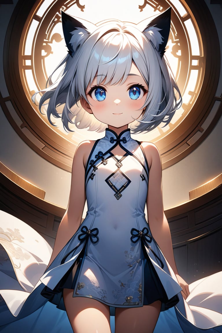 A stunning masterpiece! A highly detailed and ultra-detailed CG artwork of a 9-year-old girl with cat ears, striking white hair styled in a bob cut, piercing blue eyes, and a radiant smile. She's dressed in a dazzling white Chinese dress with a micro skirt, posing confidently as she looks directly at the viewer. The framing is precise, with a slight angle to emphasize her captivating gaze. The lighting is soft and warm, highlighting the texture of her hair and the intricate details on her dress. The composition is well-balanced, with the girl placed centrally to draw attention to her enchanting presence.