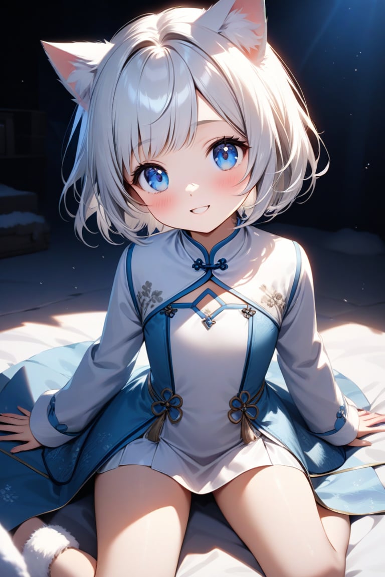 In a vividly lit studio setting with softbox lighting and a clean white background, a stunning 9-year-old girl with cat ears, porcelain doll-like features, and bright blue eyes gazes directly at the viewer. Her short, snowy-white hair is styled in a chic bob cut, framing her heartwarming smile. She wears a tiny, delicate Chinese dress with a micro skirt, showcasing her youthful innocence. The image is rendered in breathtaking detail, with textures and fabrics finely crafted to create an immersive experience.