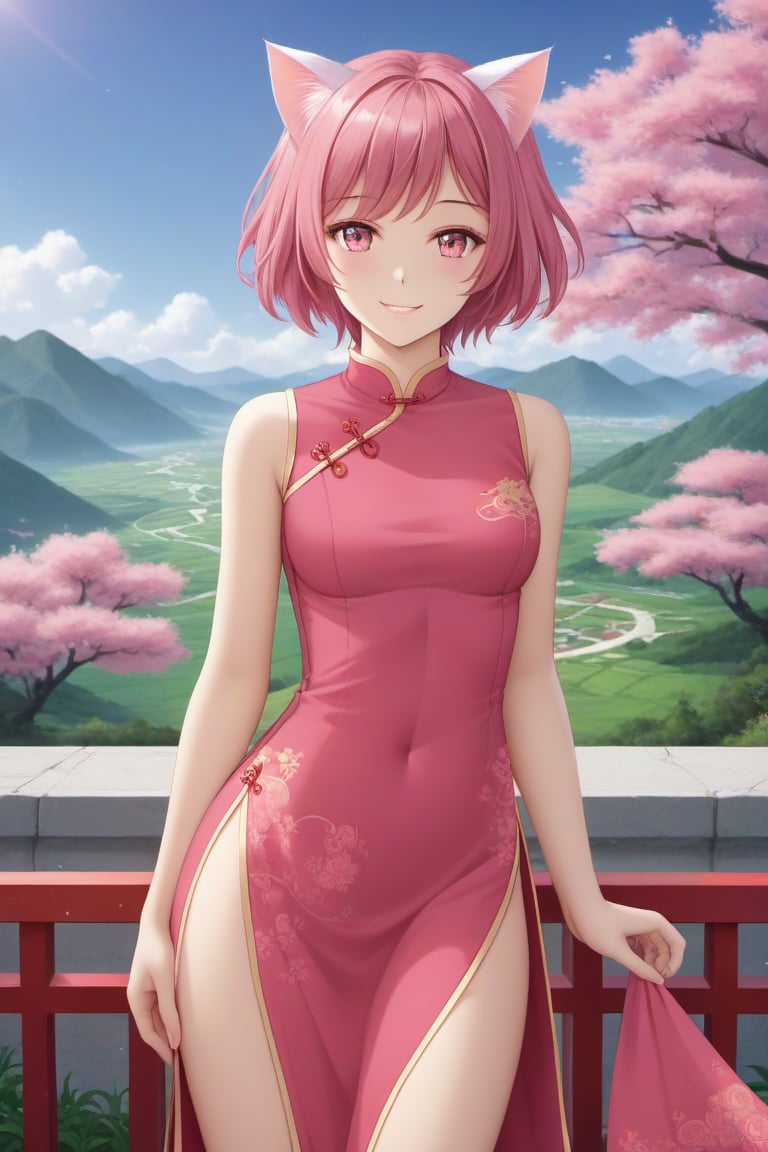 master piece, best quality, highly detailed, ultra detailed, more detail XL, extremely detailed CG unity 8k wallpaper, 
1 girl,14 years old, jewelry pink, cat ears, pink eyes, pink hair, short hair, smile,
pink Chinese dresses, side slit dress, ,(masterpiece),scenery