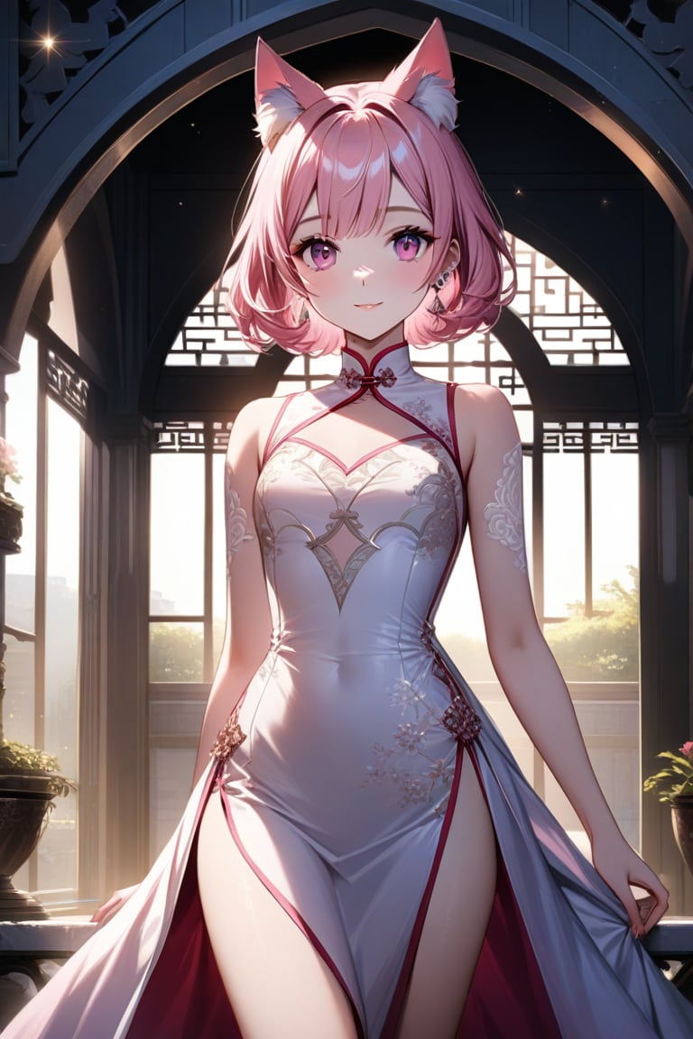 In a majestic setting sunlit courtyard, an exquisite 14-year-old girl stands out against a backdrop of ornate stone arches. She wears a stunning pink Chinese dress with a side slit, its delicate folds and intricate patterns showcased in ultra-high definition. Her pink hair is styled in a short, chic bob, adorned with sparkling jewelry and cat ears that seem to glow with an inner light. Her piercing pink eyes sparkle with a gentle smile, as if she's sharing a secret only known to her. The 8K resolution brings every detail to life, from the delicate folds of the dress to the subtle play of light on her porcelain skin.