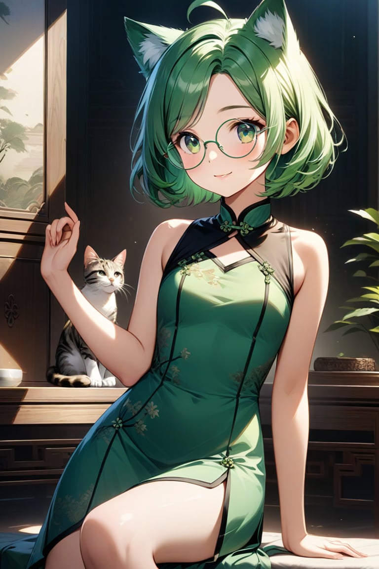 Ultra-detailed, master-piece quality CG artwork for an 8k wallpaper. A stunning 15-year-old girl sits elegantly in a serene environment, her bright green hair styled in a chic bob cut, forehead adorned with ahoge and round glasses framing her enchanting green eyes. Her smile radiates warmth as she dons a beautiful green Chinese dress with a side slit, accentuating her impressive bust. Feline features, including cat ears, add a whimsical touch to this meticulously crafted scene, set against a soft focus background allowing the subject's intricate details to shine.