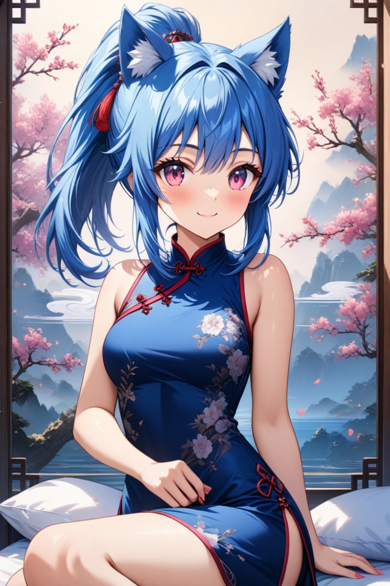 master piece, best quality, highly detailed, ultra detailed, more detail XL, extremely detailed CG unity 8k wallpaper, 
1 woman, 20 years old, cute, cat ears, pink eyes, blue hair, medium hair, ponytail, blue Chinese dresses, side slit dress, smile