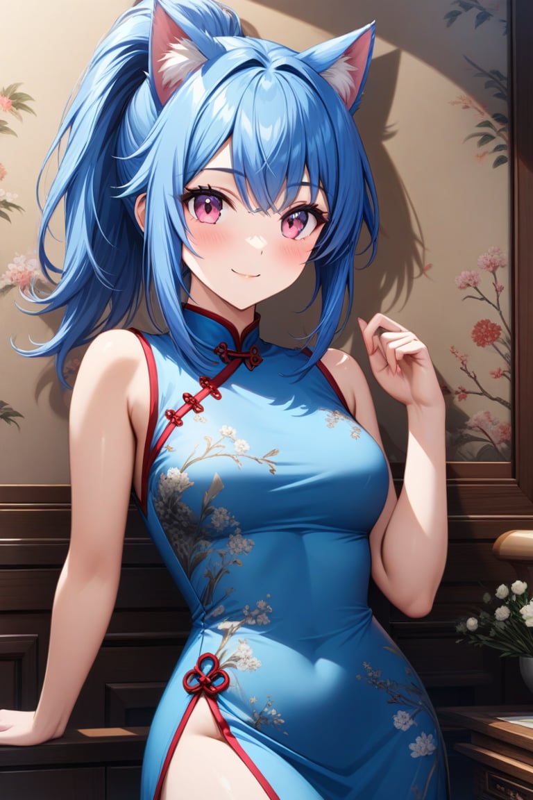 master piece, best quality, highly detailed, ultra detailed, more detail XL, extremely detailed CG unity 8k wallpaper, 
1 woman, 20 years old, cute, cat ears, pink eyes, blue hair, medium hair, ponytail, blue Chinese dresses, side slit dress, smile