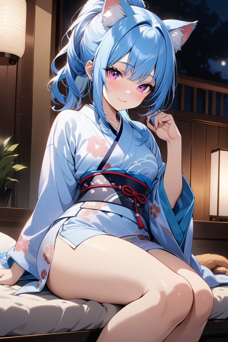 master piece, best quality, highly detailed, ultra detailed, extremely CG unity 8k wallpaper,
1 woman, 20 years old, cat ears, pink eyes, blue hair, long hair, ponytail, smile,
light blue japanese kimono, too short kimono, looking at viewer,
night time, indoor,