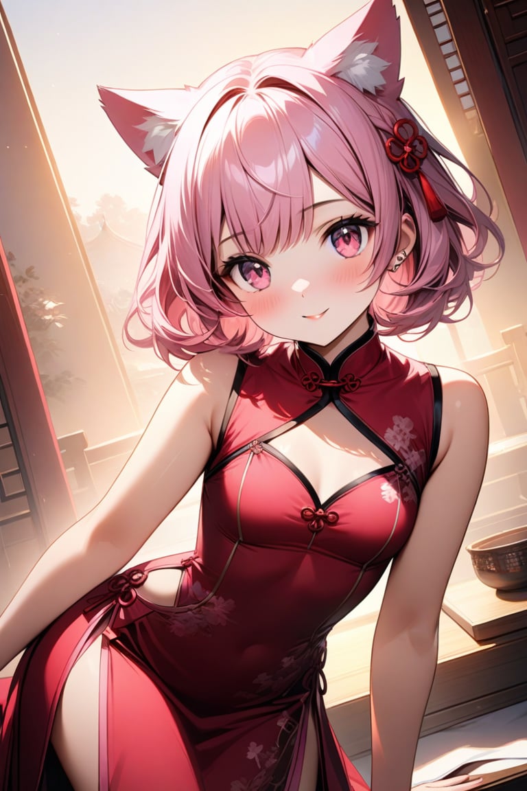 In a soft, golden light, a 14-year-old girl with striking pink hair, cat ears, and piercing pink eyes sits elegantly against a serene background. She wears a stunning pink Chinese-inspired dress with a side slit, showcasing her delicate features as she sports a warm, inviting smile. The image is presented in ultra-detailed, high-quality 8K resolution, with intricate details that draw the viewer in.