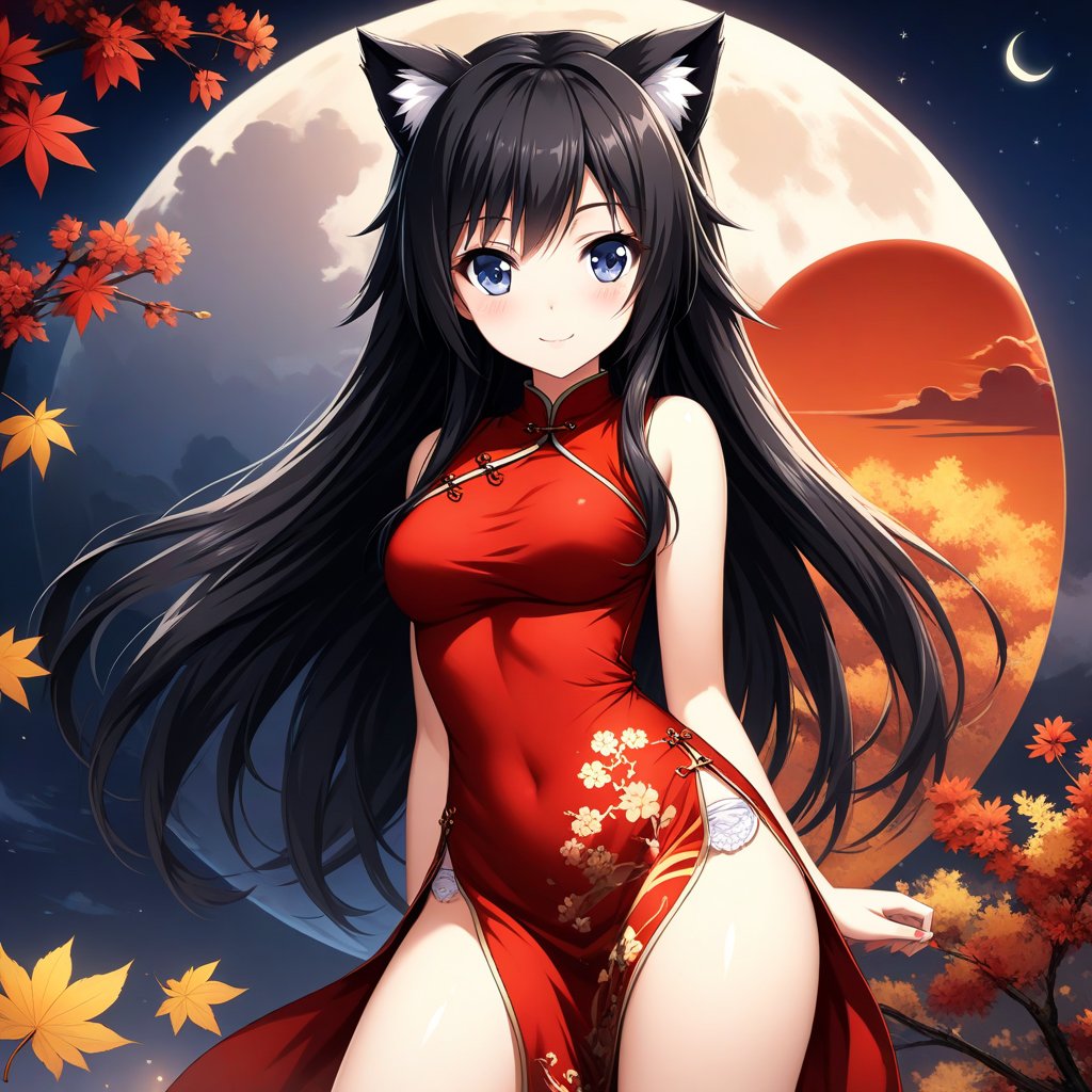 master piece, best quality, highly detailed, ultra detailed, more detail XL, extremely detailed CG unity 8k wallpaper, 
1 woman, 22 years old, smile, cat ears, red Chinese dresses, pelvic curtain,,black hair, long hair, 
night time, 
Mid-Autumn Harvest Moon, looking at the moon, 