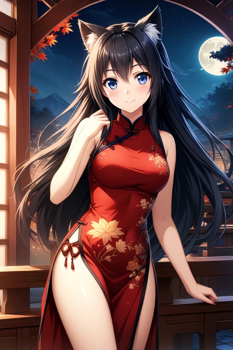 master piece, best quality, highly detailed, ultra detailed, more detail XL, extremely detailed CG unity 8k wallpaper, 
1 woman, 22 years old, smile, cat ears, red Chinese dresses, pelvic curtain,,black hair, long hair, 
night time, 
Mid-Autumn Harvest Moon