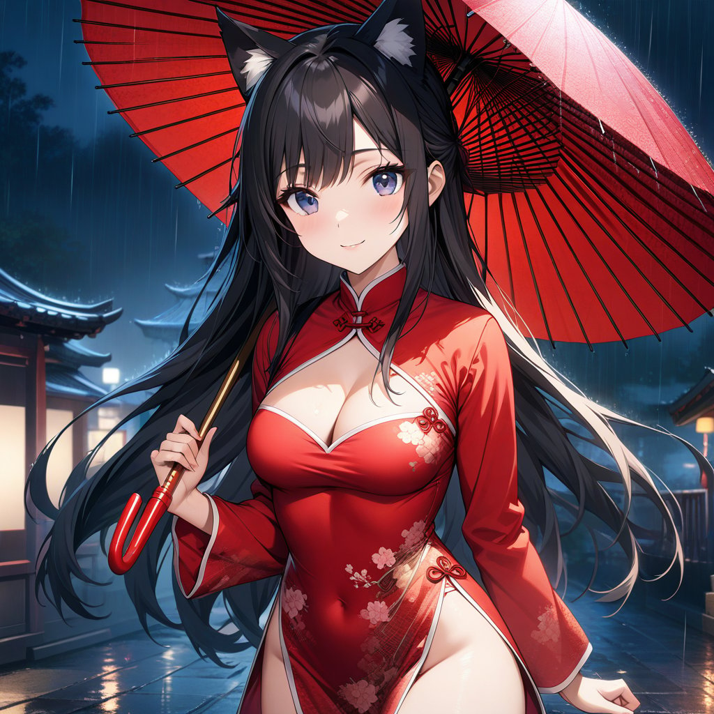 master piece, best quality, highly detailed, ultra detailed, extremely CG unity 8k wallpaper,1 woman, 22 years old, smile, cat ears, red Chinese dresses, pelvic curtain, long sleeves,black hair, long hair, cleavage cutout, rainy night,oriental_umbrella, ((hold an umbrella)),umbrella