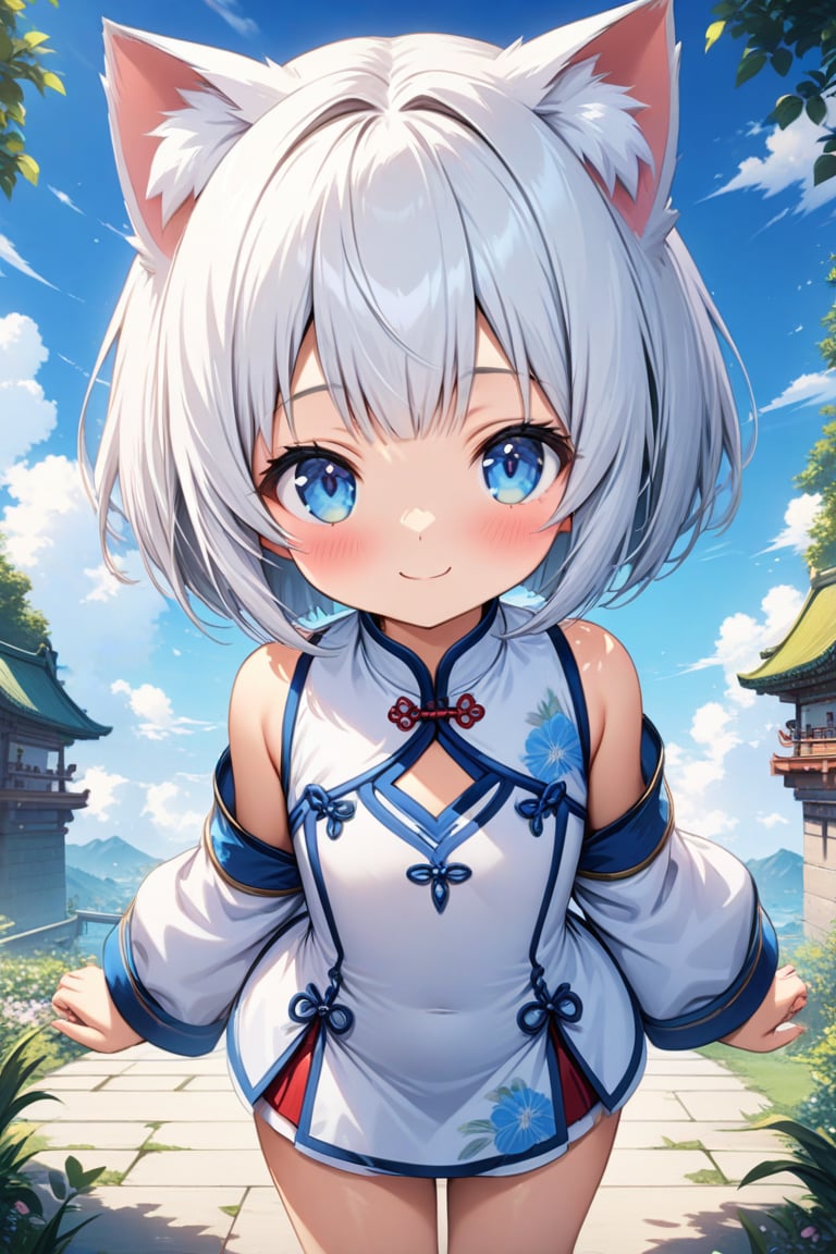 master piece, best quality, highly detailed, ultra detailed, more detail XL, extremely detailed CG unity 8k wallpaper, 
1 girl, cute, kawaii, 9 years old, cat ears, white hair, bob cut, blue eyes, smile, 
white Chinese dresses, micro skirt, looking at viewer ,