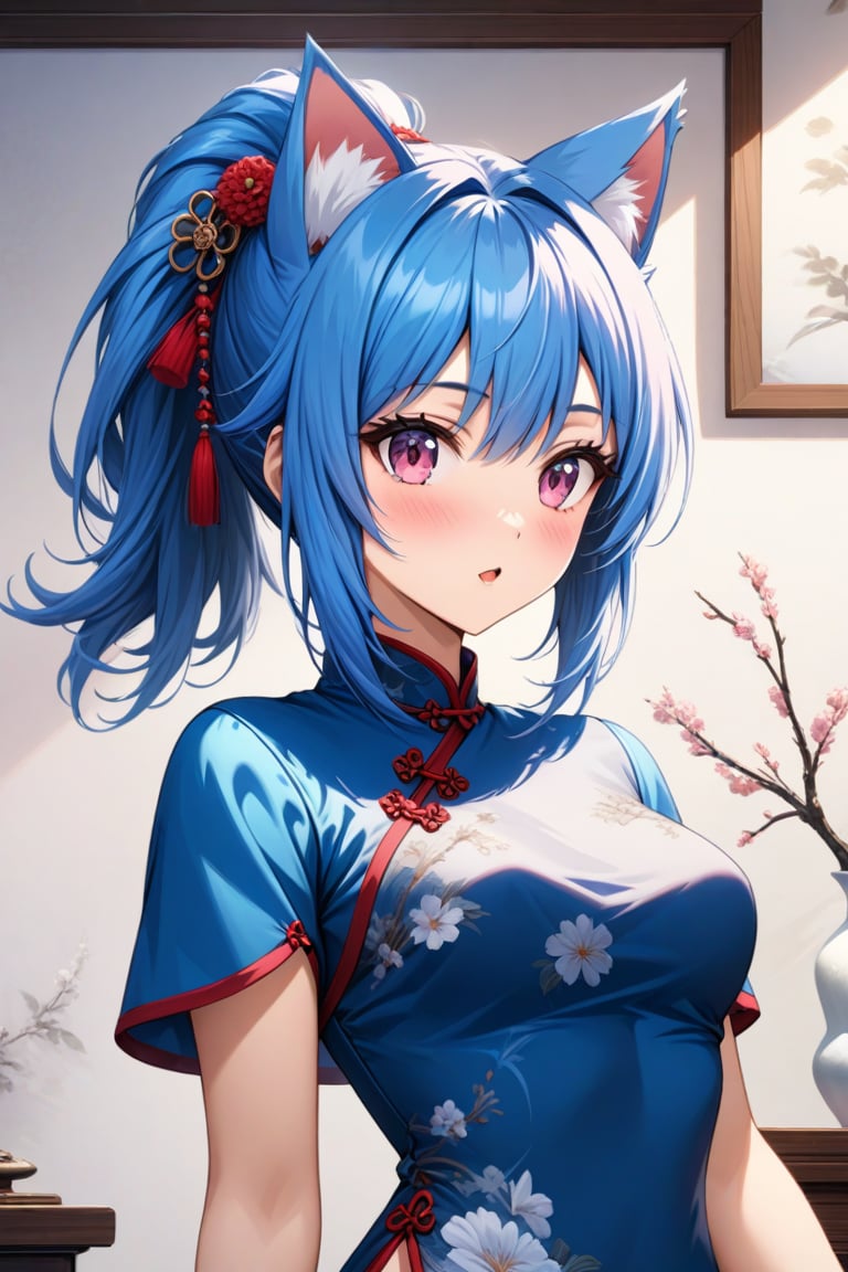 master piece, best quality, highly detailed, ultra detailed, more detail XL, extremely detailed CG unity 8k wallpaper, 
1 woman, 20 years old, cute, cat ears, pink eyes, blue hair, medium hair, ponytail, blue Chinese dresses, side slit dress,