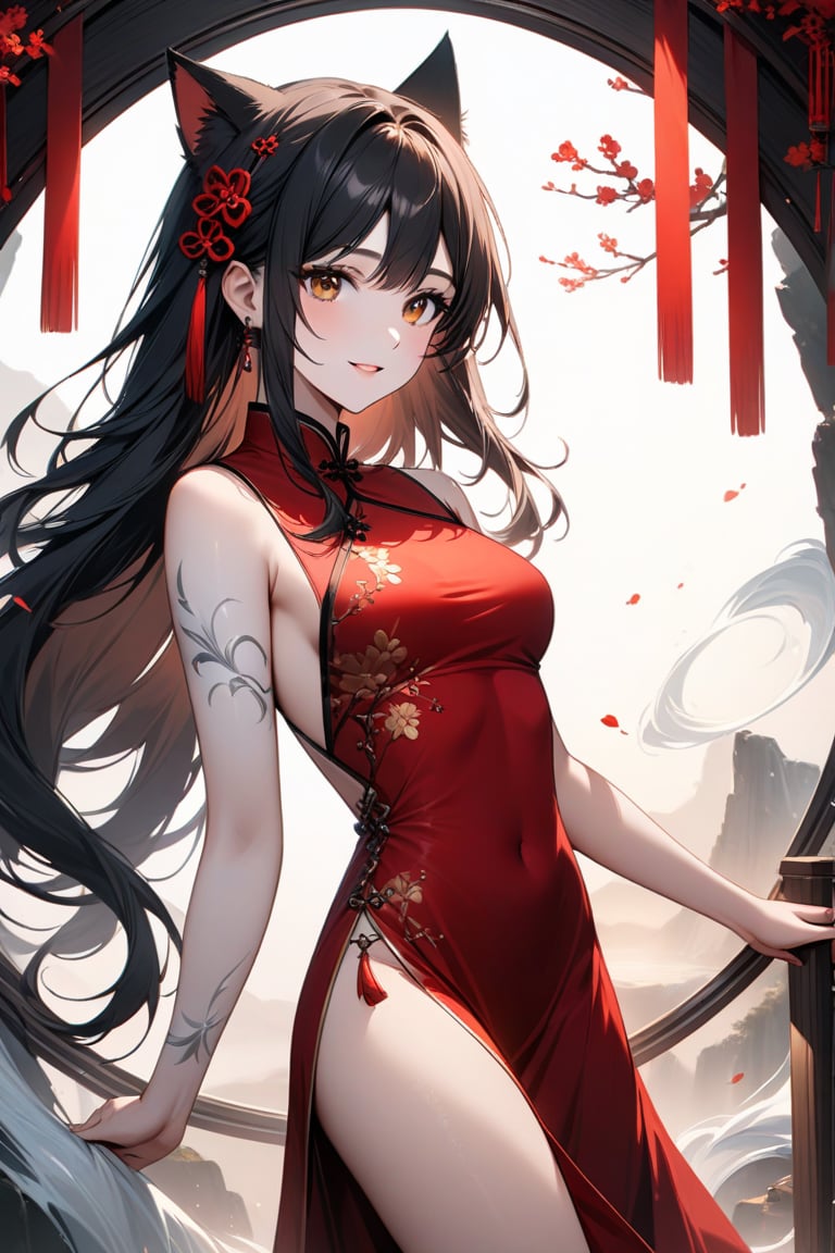 A stunning 22-year-old woman with a bright smile and cat ears adorns her head, wearing an exquisite red Chinese dress that flows elegantly around her. Her long black hair cascades down her back like a waterfall, while the delicate pelvic curtain adds a touch of mystique to the overall composition. The lighting is soft and warm, casting a golden glow on the subject's porcelain skin. Framed against a crisp white background, every detail stands out in ultra-high definition, making this 8K wallpaper a masterpiece of digital artistry.