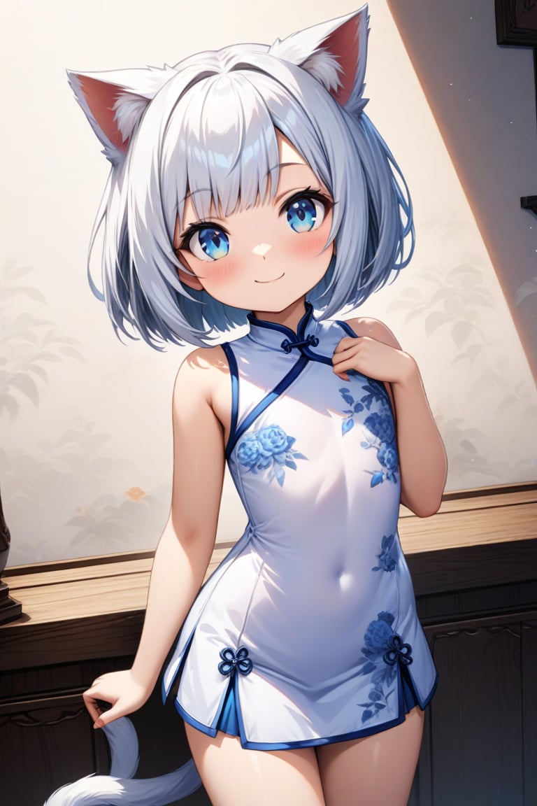 master piece, best quality, highly detailed, ultra detailed, more detail XL, extremely detailed CG unity 8k wallpaper, 
1 girl, 9 years old, cat ears, white hair, bob cut, blue eyes, smile, 
white Chinese dresses, micro skirt, looking at viewer ,