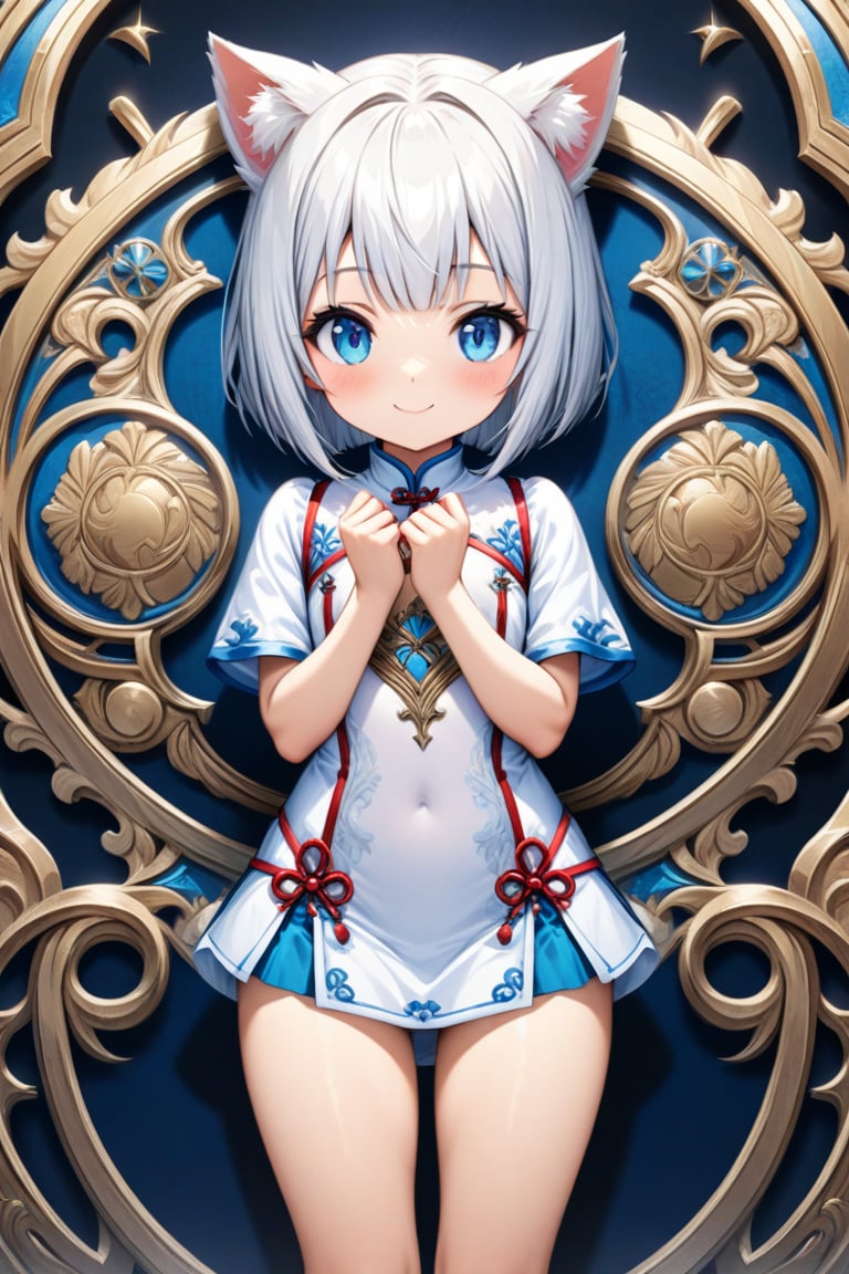 master piece, best quality, highly detailed, ultra detailed, more detail XL, extremely detailed CG unity 8k wallpaper, 
1 girl, 9 years old, cat ears, white hair, bob cut, blue eyes, smile, 
white Chinese dresses, micro skirt, looking at viewer ,