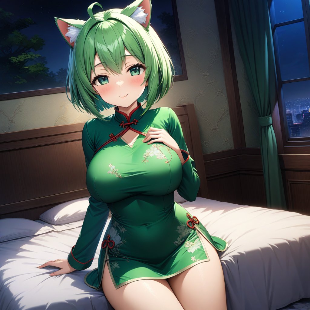 master piece, best quality, highly detailed, ultra detailed, more detail XL, extremely detailed CG unity 8k wallpaper, 
1 girl,15 years old, ahoge, green hair, bob cut, tareme,  cat ears, green eyes, big breasts,
green Chinese dresses, micro skirt, night, bedroom, on bed, smile, half-closed_eyes, 