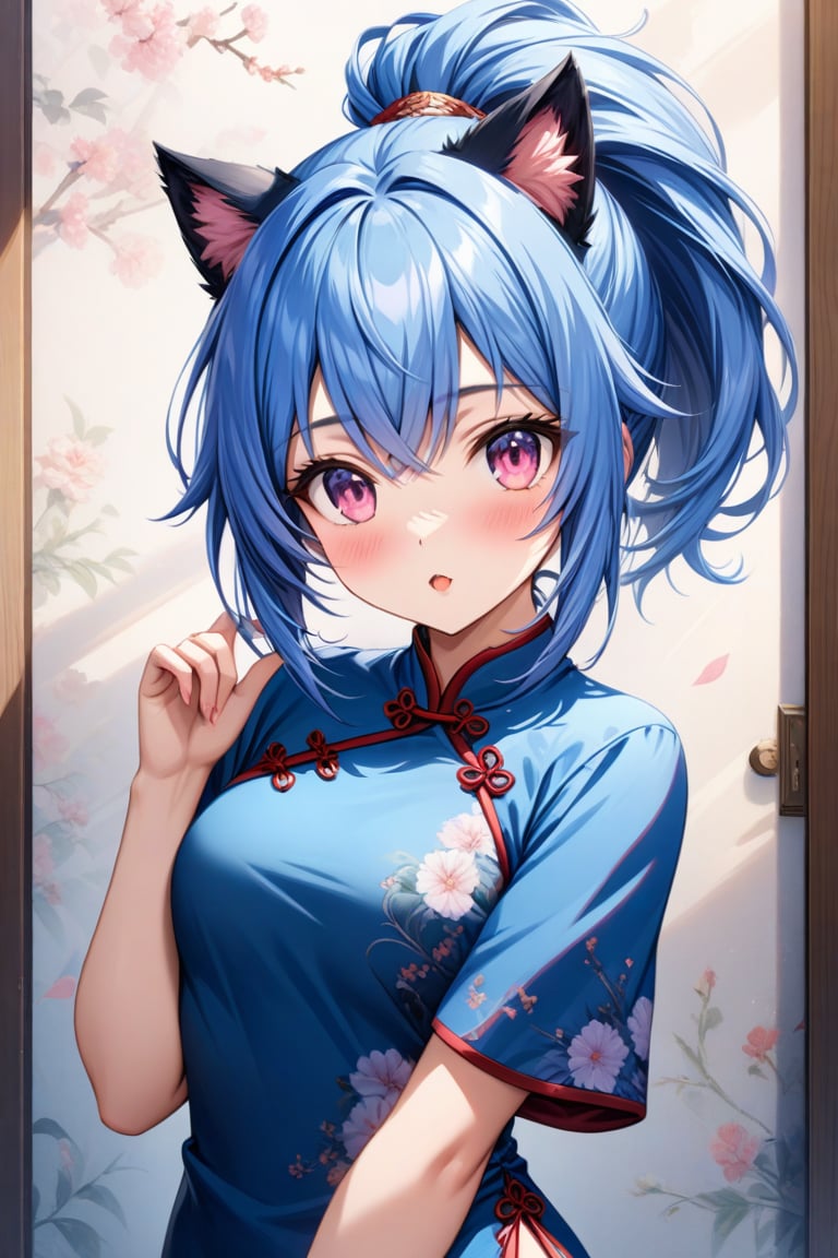 master piece, best quality, highly detailed, ultra detailed, more detail XL, extremely detailed CG unity 8k wallpaper, 
1 woman, 20 years old, cute, cat ears, pink eyes, blue hair, medium hair, ponytail, blue Chinese dresses, side slit dress,