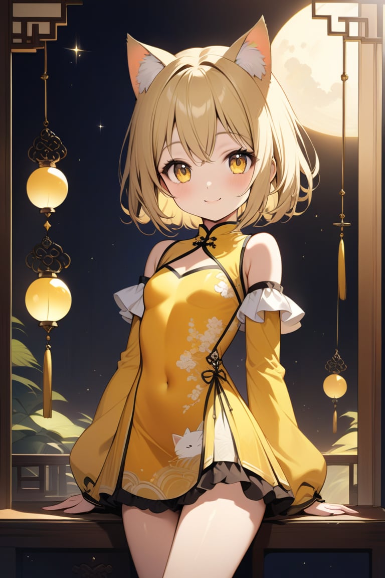 A masterpiece of CG unity! A stunning 8k wallpaper featuring a captivating 15-year-old loli with big eyes, shining yellow orbs that seem to sparkle like the brightest stars. Her blonde hair, styled in a wavy short bob, frames her cherubic face and bright smile. The model's impressive bosom is proudly displayed beneath the fitted sleeves of her vibrant yellow Chinese dress, which falls just past her wrists. A subtle microskirt adds a touch of playfulness to this already enchanting composition. Framed by a warm, soft light, the subject's cat ears and striking features are the focal point of this ultra-detailed masterpiece.