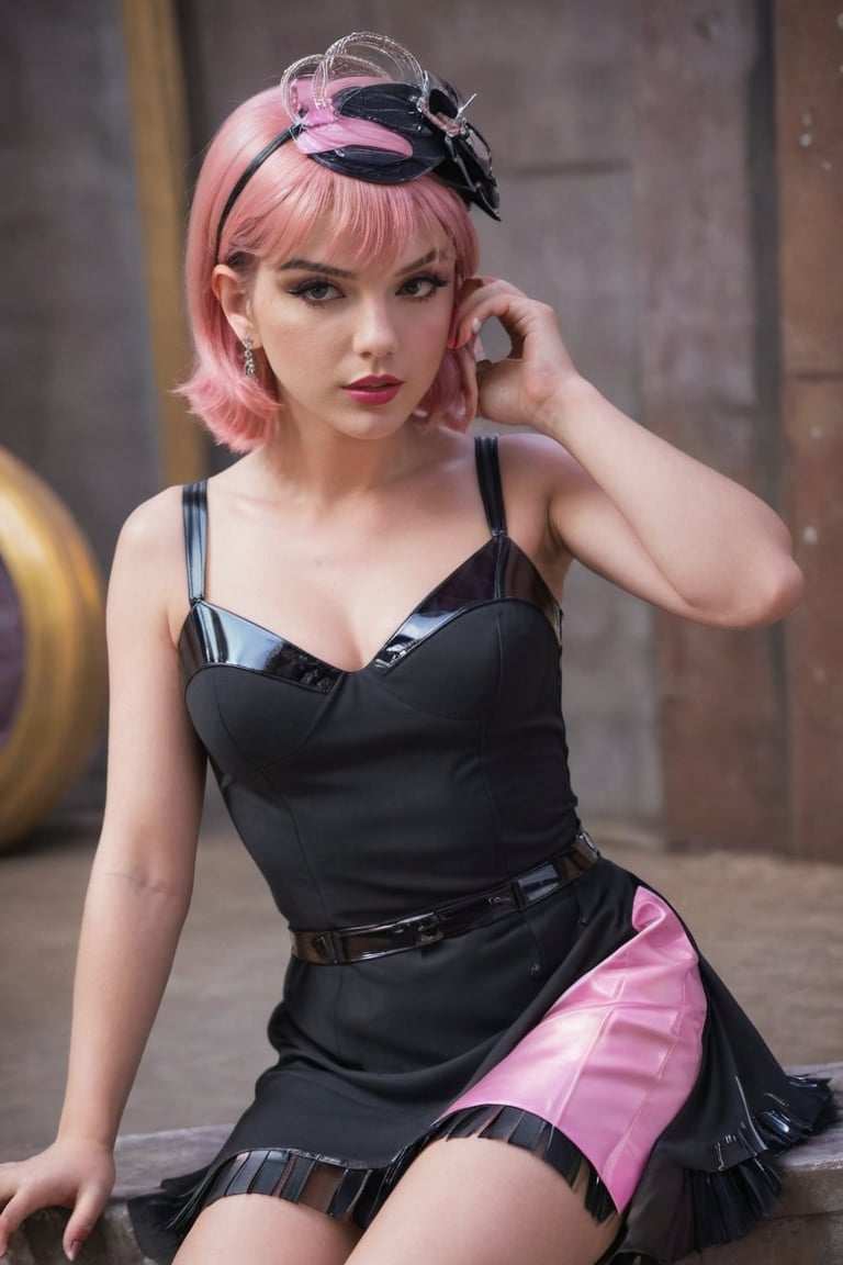 a spanish beautiful women, pink_hair,A solo figure, a girl with short hair have same face with taylor swift , dressed in a stunning black sleeveless dress, complete with intricate jewelry and Patent leather high-heeled strappy shoes. A hat adorns her head, and earrings shine brightly as she sits confidently, spreading her legs wide apart. The camera captures her from the waist up, showcasing her striking pose, with one hand resting on her chin as if lost in thought. The background is blurred, focusing attention solely on this daring girl's bold cosplay look.