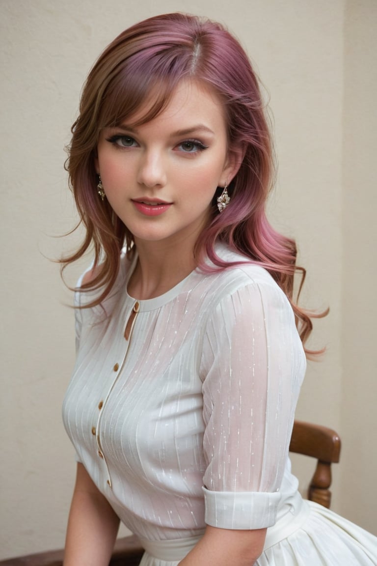 a spanish beautiful women, pink_hair,A young woman have same face with taylor swift sits elegantly in a well-lit indoor setting, her long brown hair cascading down her back. She wears a crisp white shirt with a subtle pattern, paired with a flowing skirt that hugs her curves. Her gazing at viewer with mysterious smile , as if lost in thought, and a necklace adorns her neck. Earrings glimmer in the soft light, drawing attention to her delicate features. Her Patent leather high-heeled strappy shoes add a touch of sophistication to her overall demeanor.