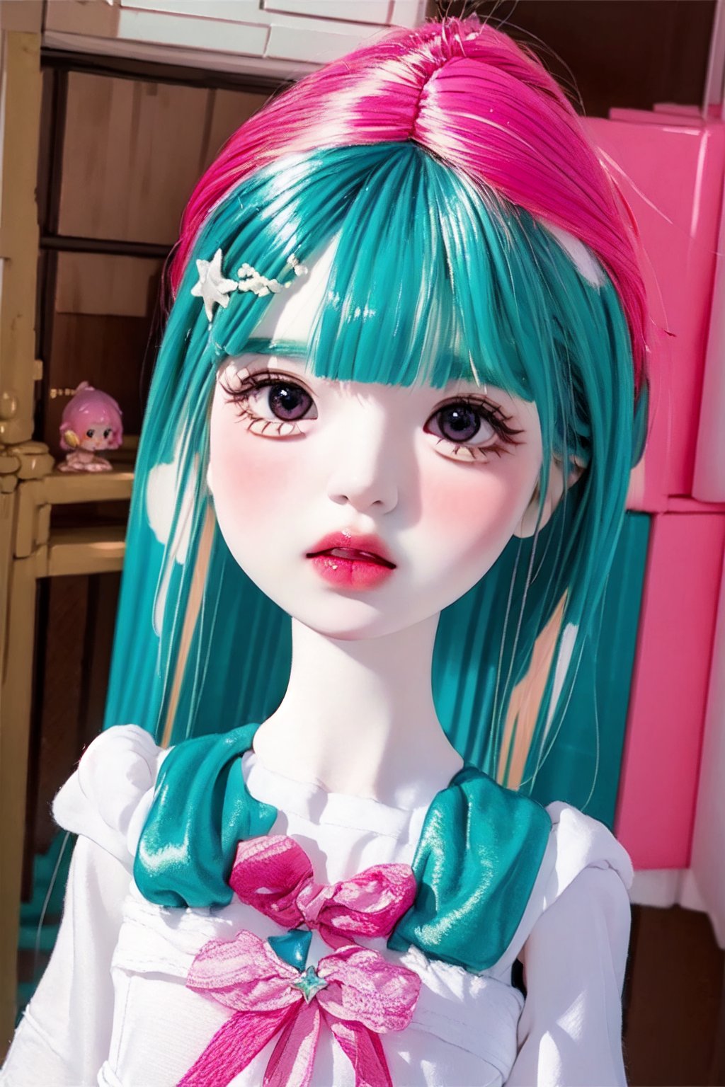 a cute doll, cyan pink hair, long gold and white dress ocean cliff, detailed face, vines, stars, ((surrealism)), (abstract), intricately detailed   art triadic colors, fantastical, splash screen, fantasy high magic concept art, 8k resolution, (masterpiece), heavy strokes,long hair ,hair bangs are above the eyebrows,pink lips,no bang,realistic,EpicDoll,pink lips,EpicMakeup,short neck,cute face,Perfect smooth skin,