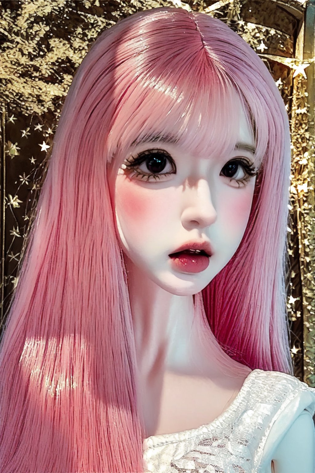 a cute doll, cyan pink hair, long gold and white dress ocean cliff, detailed face, vines, stars, ((surrealism)), (abstract), intricately detailed   art triadic colors, fantastical, splash screen, fantasy high magic concept art, 8k resolution, (masterpiece), heavy strokes,long hair ,hair bangs are above the eyebrows,pink lips,no bang,realistic,EpicDoll,pink lips,EpicMakeup,short neck,cute face,Perfect smooth skin,