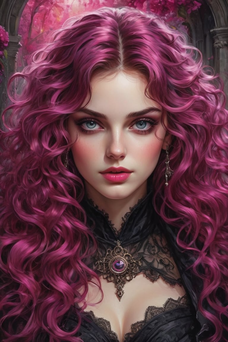 ultra-detailed colored illustration 

Stunning Overdetailed masterpiece, Marc Silvestri style, Victoria Frances style, manga  style, mixed with dark elements, high resolution, vibrant colors, realistic skin, fantasy, Digital painting of a beautiful fuchsia curly extremely long hair goth girl, Her eyes are big and round, voluminous lips,

the precision of John Singer Sargent 


background A: A swirling dreamscape with melting clocks and distorted landscapes, an extremely detailed, masterpiece, stunning illustration, open eyes, A unique blend of art styles, and digital pain
