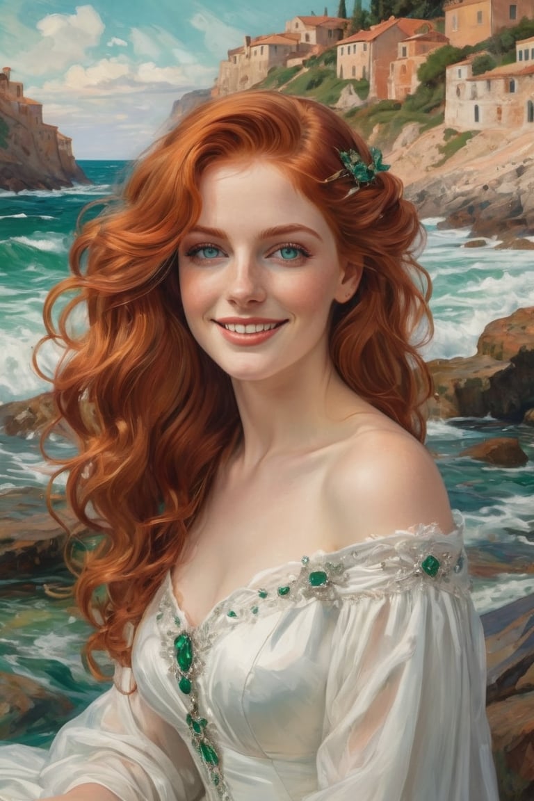 ultra-detailed colored illustration 


  A beautiful woman with flowing red hair and emerald green eyes.
The woman is relaxed and smiling, her red hair cascading down her shoulders in loose waves. Her emerald green eyes sparkle with contentment.
She is dressed in a white wedding dress that contrasts with the vibrant colors of the scene around her. 



the precision of John Singer Sargent 


background A: A swirling dreamscape with melting clocks and distorted landscapes, an extremely detailed, masterpiece, stunning illustration, open eyes, A unique blend of art styles, and digital pain
