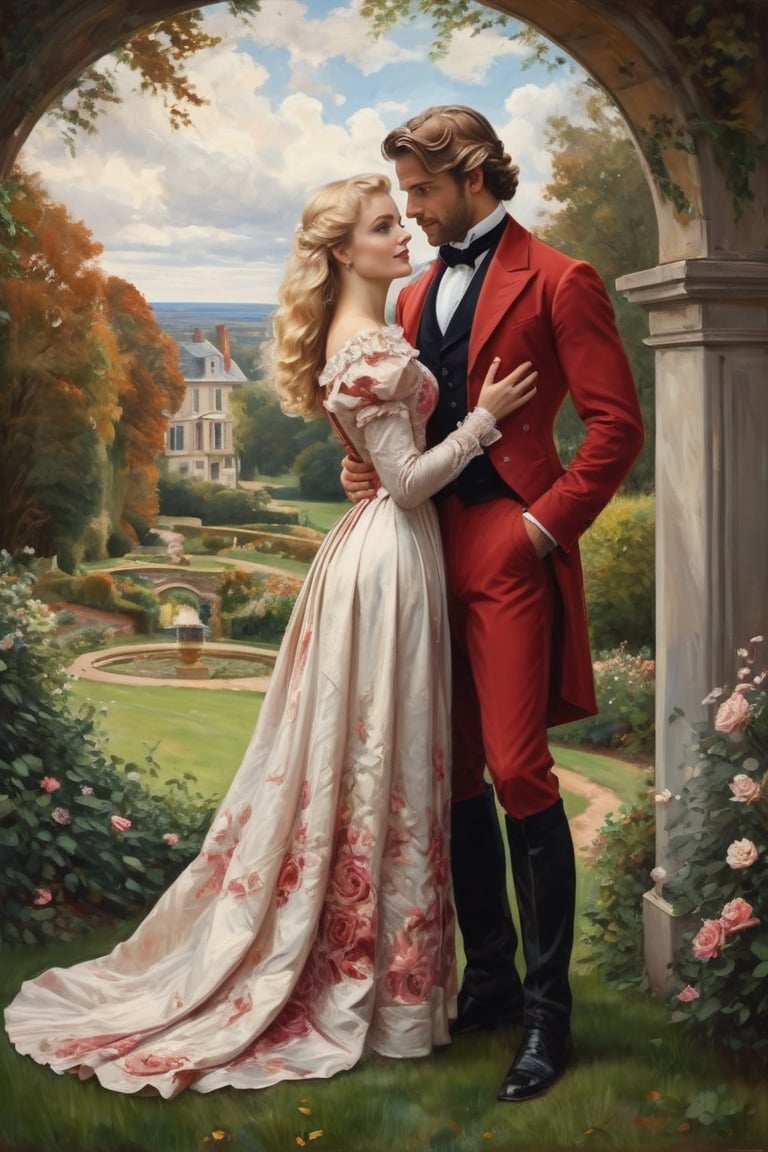 ultra detailed colored illustration full body portrait of A beautiful blonde woman with long hair wearing a long scarlet Victorian-era dress appears behind the young handsome wearingA suit from the Victorian era with neat style as love couple. She wraps her arms around him, burying her face in his back., the precision of John Singer Sargent highlights the woman's features,  light and shadow adds enigmatic depth, background A: A swirling dreamscape with melting clocks and distorted landscapes, extremely detailed, masterpiece, stunning illustration, open eyes, A unique blend of art styles,digital painting Victorian era themes in the background