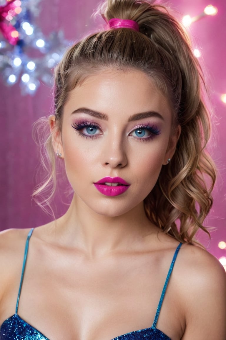 A vibrant portrait of a 22-year-old woman with glitter eyeshadow, bold eyeliner, and bright pink lipstick. Her hair is styled in a high ponytail with loose strands framing her face. She has light brown hair with soft curls. She has blue eyes, full lips, and an excited expression. The background is lively and festive, reflecting her readiness for a night out