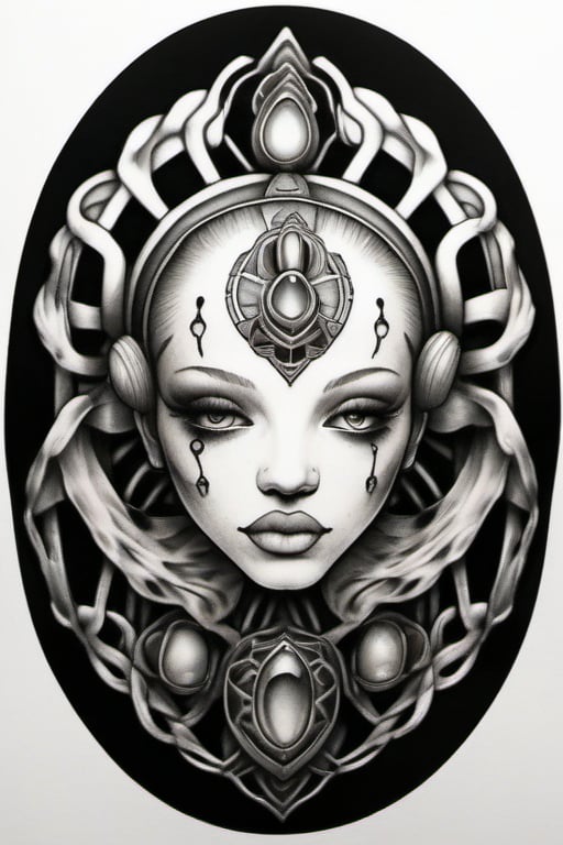 scarab with the mirrored image of a creepy doll's face on its abdomen, white background, 1.0 lineweight, minimalist tattoo design