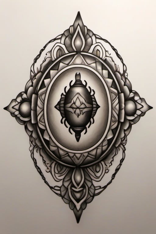 scarab with the mirrored image  of a victorian doll's face on its abdomen, white background, 1.0 lineweight, minimalist tattoo design