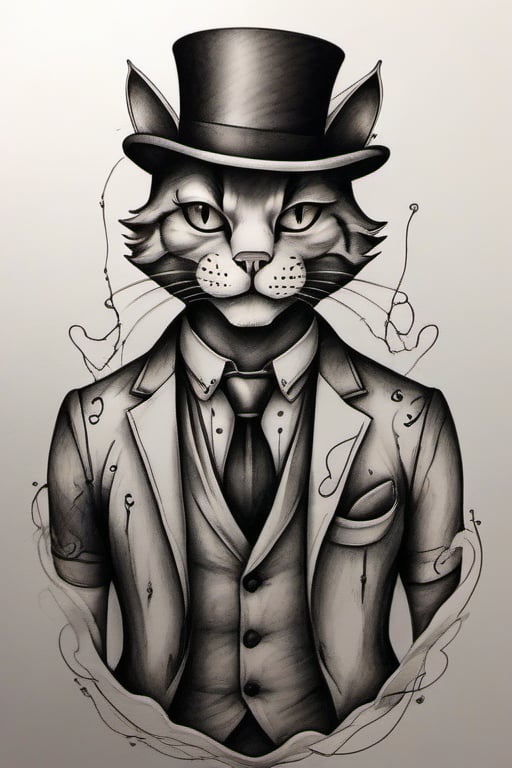 cat man wearing a top hat and suit, white background, 1.0 lineweight, minimalist tattoo design