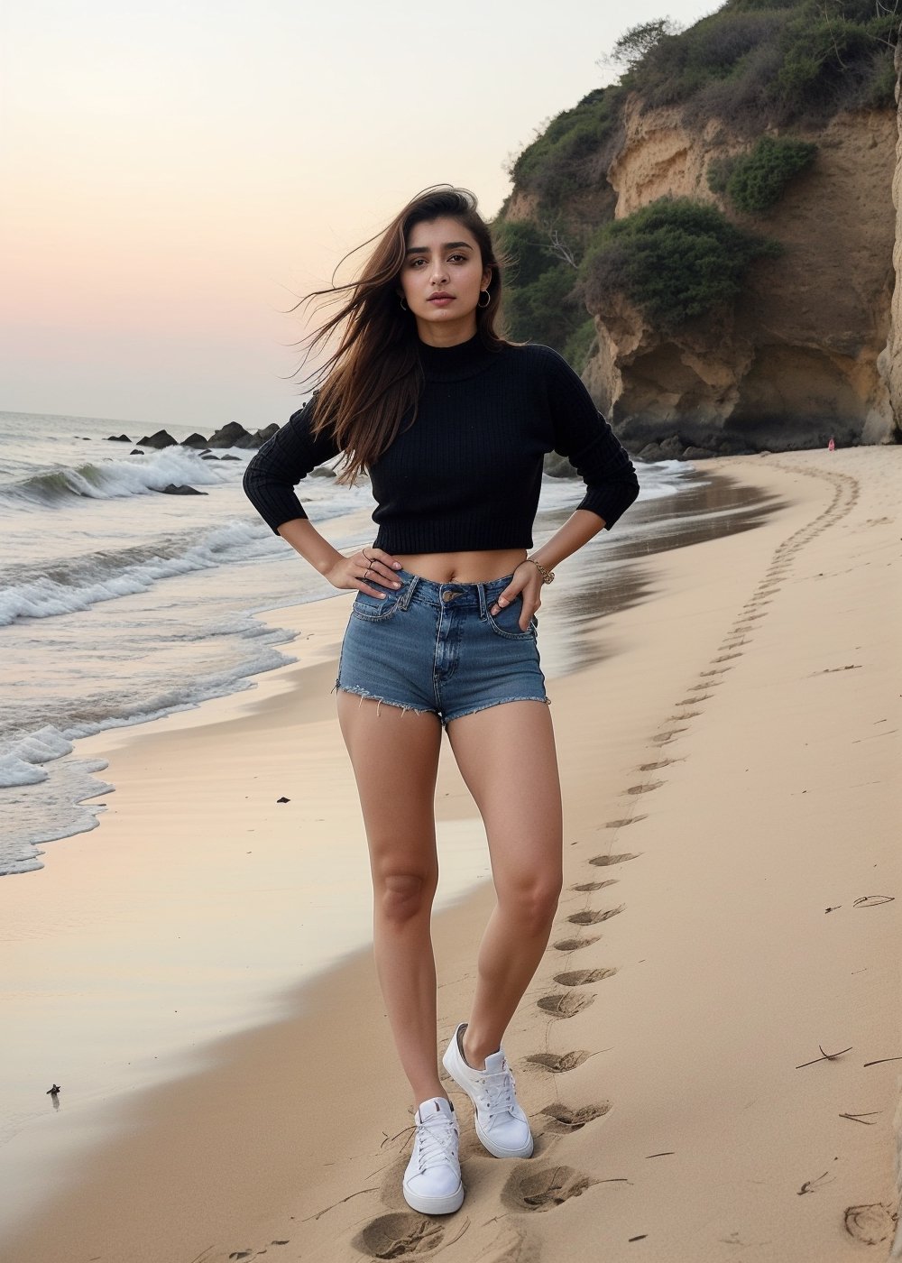 Lovely cute hot Alia Bhatt, acute an Instagram model 22 years old, full-length, long blonde_hair, Slim-fit jeans, cozy sweater, black hair, summer, on a beachside, Indian, wearing a black color top and shorts jeans, Lives text on top
