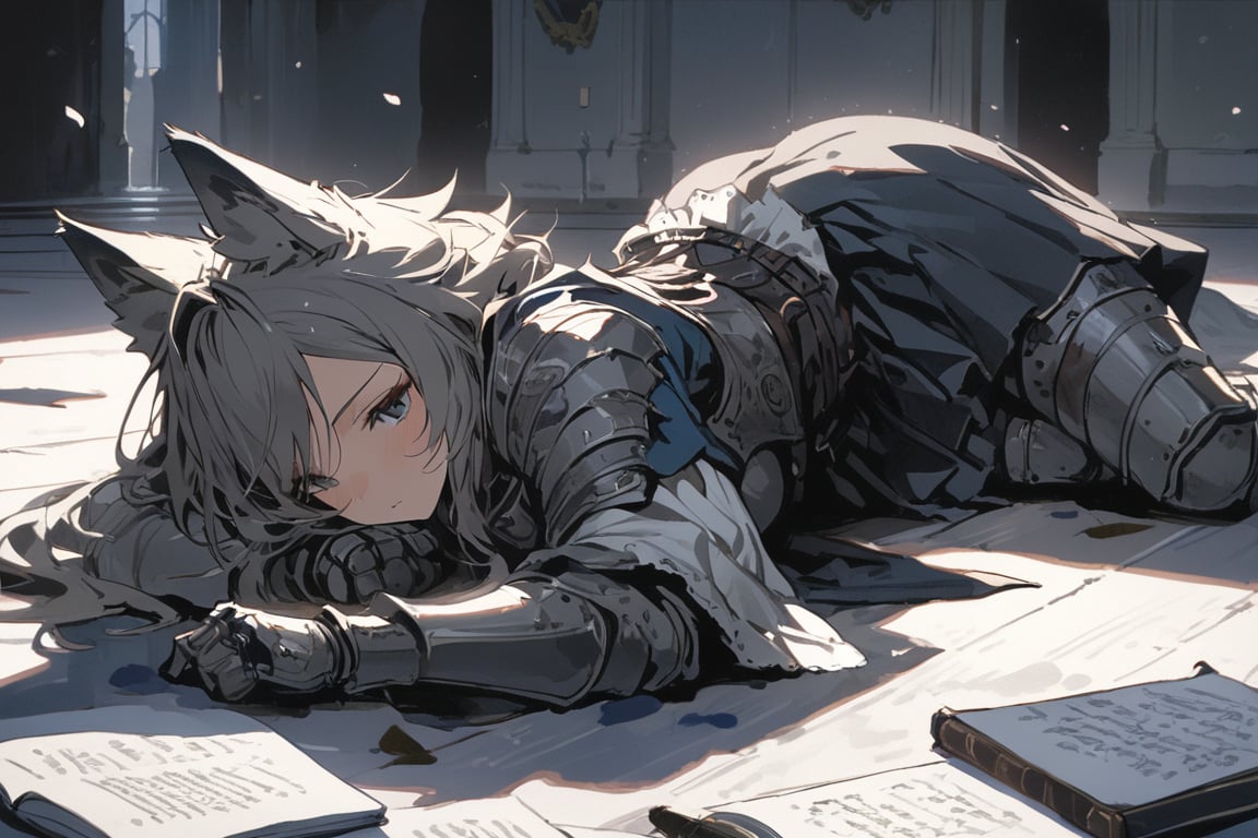 score_9, score_8_up, (best quality, masterpiece, highres:1.2) knight, 1girl, wolf ears, lying, masterpiece, best quality, aesthetic,knight