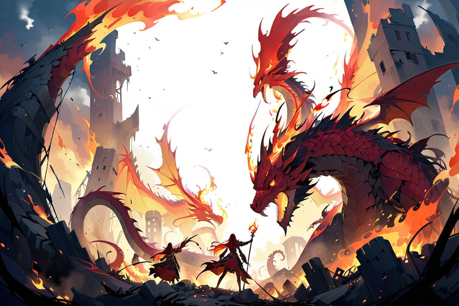 score_9, score_8_up, score_7_up ,masterpiece, ambient soft lighting, full body ,A mighty sorcerer stands tall amidst the chaos of battle, his staff ablaze with fiery energy. Beside him, a warrior woman readies her bow, focused on the behemoth before them: a gargantuan, crimson-scaled dragon with tattered wings. Flames dance across its ancient, weathered hide as it breathes fire into the ruined landscape, surrounded by tall grass and crumbling structures,more detail XL