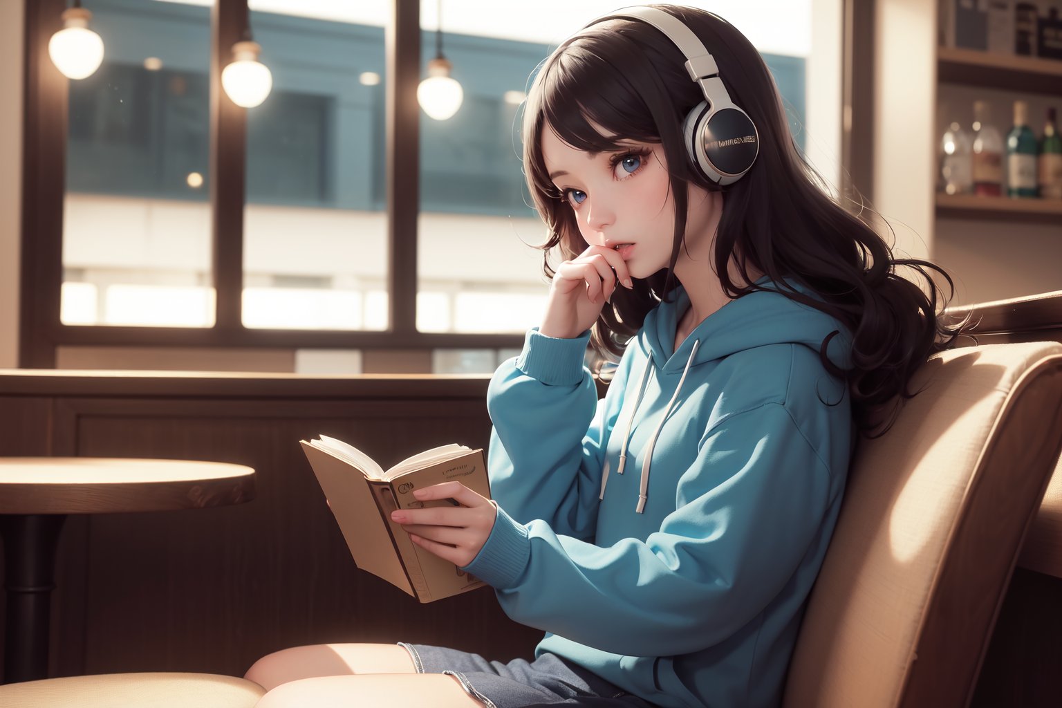 (masterpiece), (absurdres), (colorful picture, beautiful colors, colorful background, colourful lighting:0.5) ,1girl, cute girl, Arabian girl, curly hair, black hair, long hair , sea blue eyes, wearing hoodie, sitting in a bar, drinking hot tea, wearing headphones, reading a book,