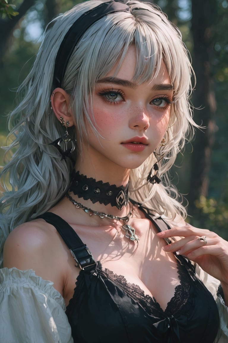 score_9, score_8_up, score_7_up,emo,scenery,masterpiece, best quality, aesthetic ,1girl, beautiful person, white hair,  upper body, choker,  black hairband, earing piercing, 