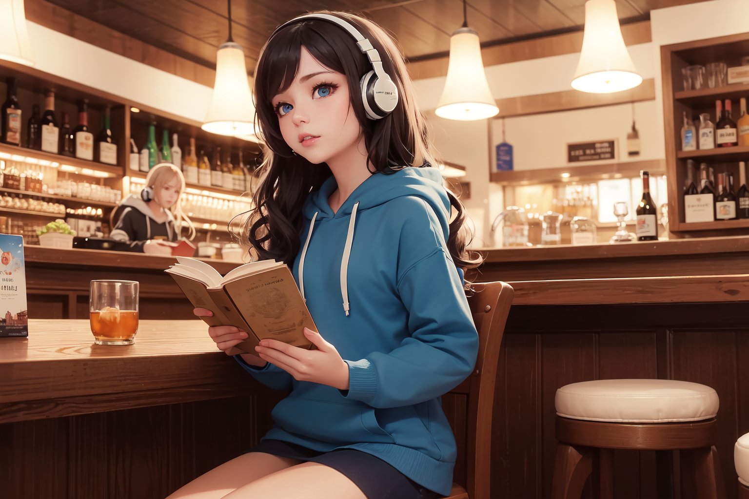 (masterpiece), (absurdres), (colorful picture, beautiful colors, colorful background, colourful lighting:0.5) ,1girl, cute girl, Arabian girl, curly hair, black hair, long hair , sea blue eyes, wearing hoodie, sitting in a bar, drinking hot tea, wearing headphones, reading a book,