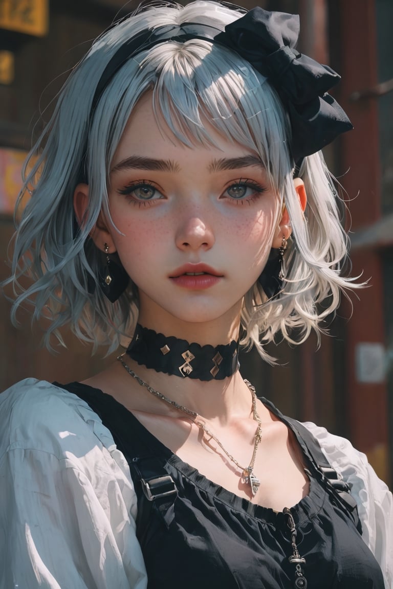 score_9, score_8_up, score_7_up,emo,scenery,masterpiece, best quality, aesthetic ,1girl, beautiful person, white hair,  upper body, choker,  black hairband, earing piercing, casual fashion