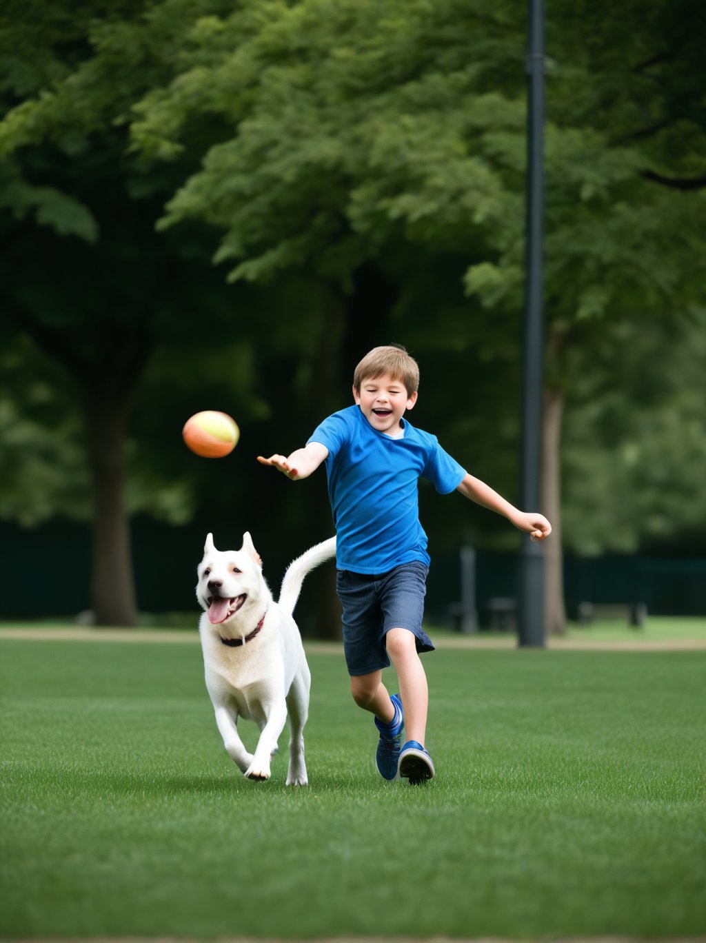 a 10 year old boy playing fetch with his dog in a park