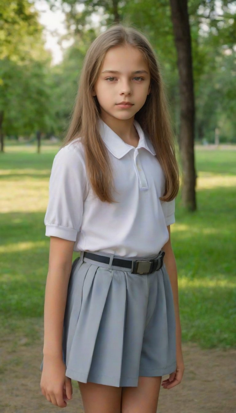 a full-body portrait photo of a young Russian model, (age 12-15:2), gorgeous face, smooth soft skin, looking at viewer, make up, (pubescent girl, jailbait:1.2), (summer school uniform:1.1), (outdoors, in deserted park, in the morning, dark background:1.4)