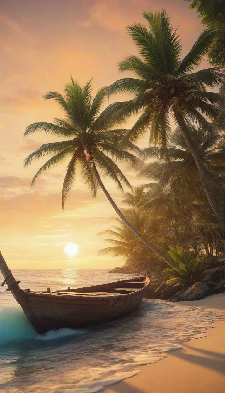 close up angle of, a serene tropical sandy beach, wavy wave, palm trees, beach vaggies, shall and plant, and boat, ((zoom focus on boat)), old simple rustic old wooden house, sunset background, detailed background, surrounded by jungle, insect, detailed focus, deep bokeh, beautiful, dark cosmic background. Visually delightful , 3D, more detail XL,chibi