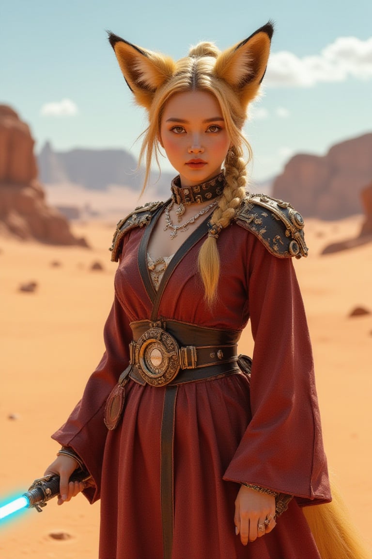 Photo-realistic. 8k. Detailed. Fox-girl Jedi in Steampunk Jedi robes with Steampunk lightsaber. On a desert planet. 