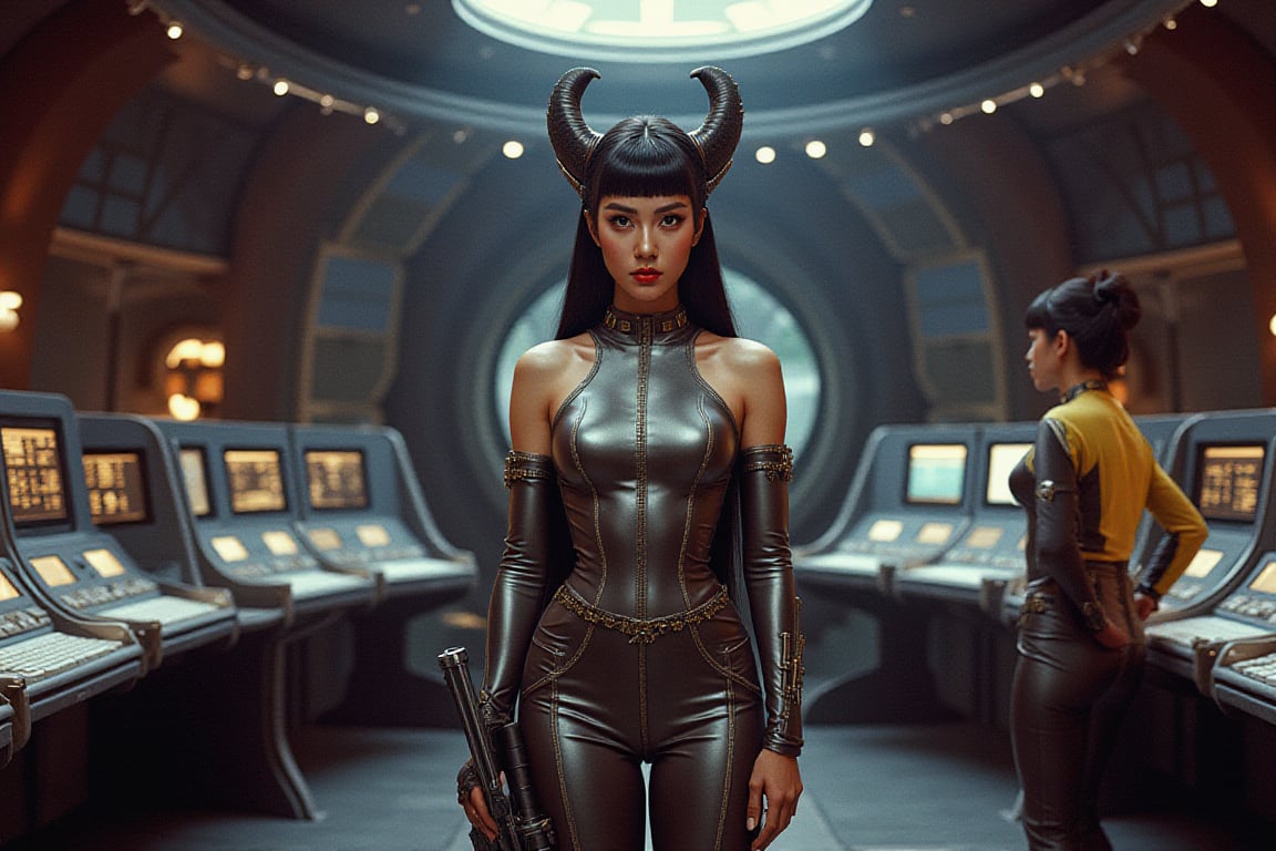 Illustration in 8k. In the art style of Gil Elvgren. A wide shot frames the scene which is the dimly lit utilitarian bridge of a Romulan Bird of Prey from the original Star Trek series. Located around the bridge are stations with keyboards and many computer screens. Standing in the center surrounded by her bridge crew is a strikingly beautiful and athletic Romulan woman with graefully pointed ears. She is dressed in the metallic style uniform of the Romulan Empire with a blaster on her hip. One hand rests on a hip while she points with her right hand. Her smoldering amber eyed gaze looks directly at the viewer showing her determination and intelligence.