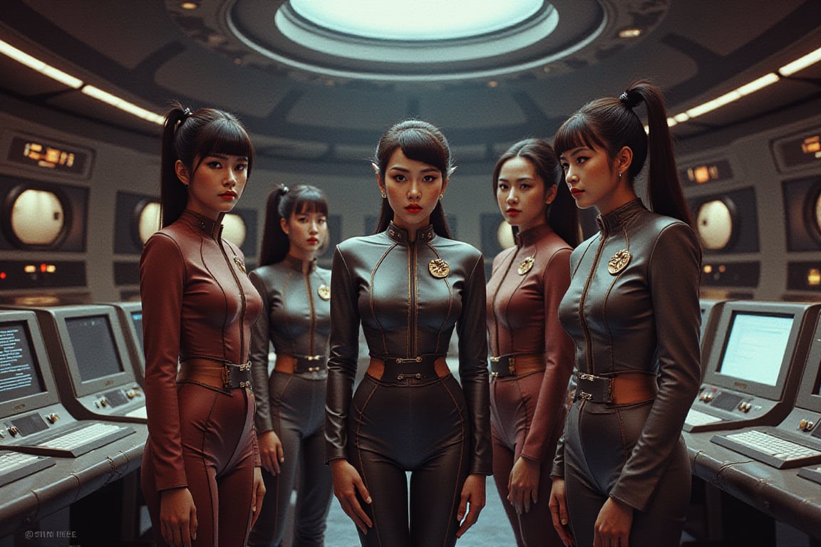 Illustration in 8k. In the art style of Gil Elvgren. A wide shot frames the scene which is the dimly lit utilitarian bridge of a Romulan Bird of Prey from the original Star Trek series. Located around the bridge are stations with keyboards and many computer screens. Standing in the center surrounded by her all female bridge crew is a strikingly beautiful and athletic Romulan woman with gracefully pointed ears. She is dressed in the metallic style uniform of the Romulan Empire with a blaster on her hip. One hand rests on a hip while she points with her right hand. Her smoldering amber eyed gaze looks directly at the viewer showing her determination and intelligence.