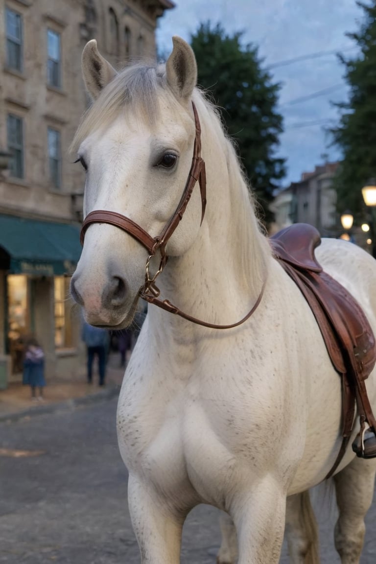 Masterpiece. 8k. Soft illumination. Bustling American West Coast street scene. One striking dapple-gray pony is glancing towards the viewer. The pony has and English riding saddle and bridle. 