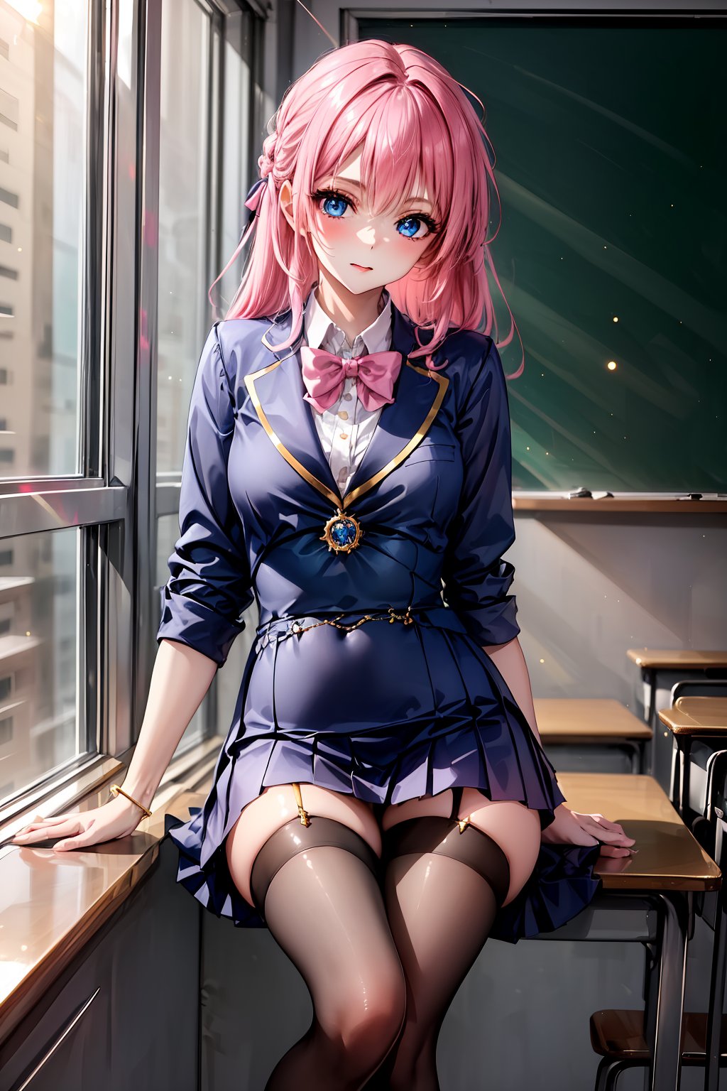 1girl, ((very cute girl: 1)), beautiful girl, blue eyes, pink hair, himecut, sitting on desk, long black stockings, school uniform, golden hairpin, sun light, light particles, ((materpiece: 2)), looking at viewer, stunning girl.